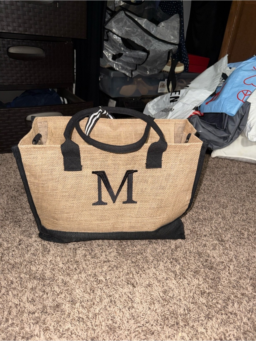Monogram “M” Jute Tote Bag Set with Crossbody Strap & Matching Pouch